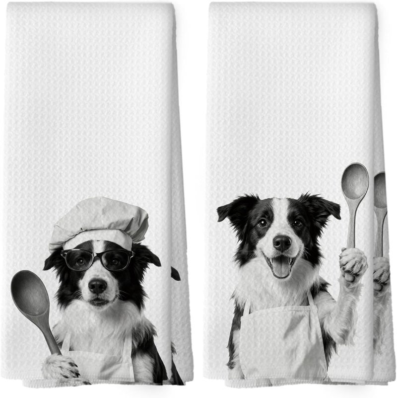 Mcehtle Funny Border Collie Kitchen Towels Set of 2, Dog Kitchen Accessories, Dog Chef Gift Hand Towel, Gifts for Dogs Mom Lovers Women, Dining Room Decorative Tea Towel Dish Towels 16x24 Inch - Image 1